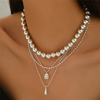 여성 파티 행사 공연 실버볼 네줄 레이어드 체인 드롭 목걸이 A2480