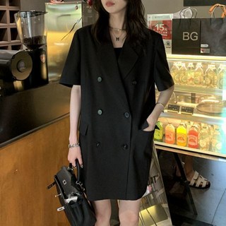 MOSAIRATION 여성 카라넥 오버핏 반팔 정장 재킷 더블 버튼 세련된 빅사이즈 하프 기장 V022122