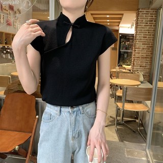 時尚洋氣新中式純色立領國風盤扣夏季新款小飛袖百搭薄款針織上衣