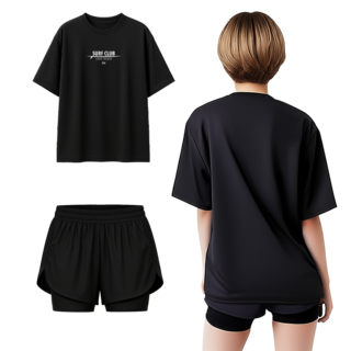 TST 여름 워터파크 물놀이 수영복 상하 세트 여성 오버핏 반팔 래쉬가드+3부 보드숏 워터 레깅스, M, 서프클럽롱비치USA832+3부3부