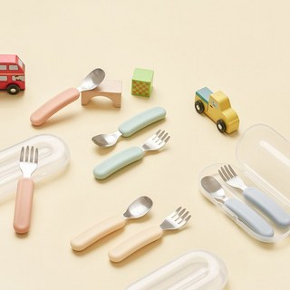 이지그립 실리콘 스푼 포크 케이스 세트 베이비 유아 자기주도 이유식 어린이집 준비물, ES2421 베이비블루