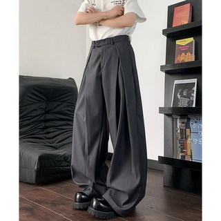 青山 顯瘦高級感褶皺直筒西褲 男設計感解構垂感拖地褲 百搭廓形休閒長褲