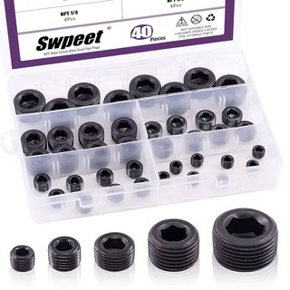 Swpeet 40Pcs 5사이즈 NPT 탄소강 파이프 피팅 구색 키트 1/8" 1/4" 3/8" 1/2" 3/4" NPT 플러그 탄소강 내부 육각 소켓 파이프 플러그 세트 습한, Carbon Steel, 1개