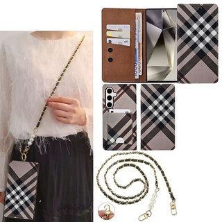 갤럭시 와이드7 SM-M156S 휴대폰 목걸이 케이스 크로스백 어깨끈 체인 스트랩 플립 커버 뒷면 카드포켓 지폐 카드 수납 가죽 핸드폰 지갑형 크롭체크hee