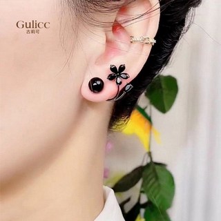 Gulicc 古莉可 黑色花朵珍珠耳釘 耳環，優雅時尚，百搭經典款