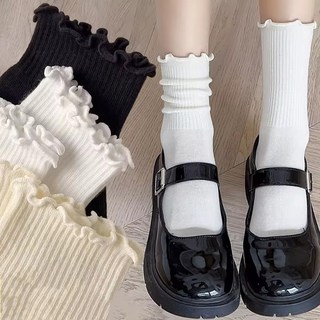 SwanCode 스위트 코튼 주름지 레이스 골지 데일리 여성 중목 양말 6켤레