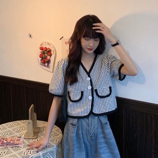 夏季新款小香風格紋撞色V領短袖襯衫 修身顯瘦時尚上衣女