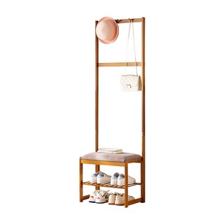 多功能竹製鞋架長凳 帶掛衣桿 雙層收納 穿鞋椅 玄關收納, 胡桃木色, 1個