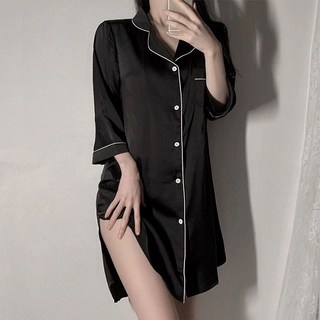 핀디걸 여성 블랙 실크 롱 셔츠 루즈핏 잠옷 S-13