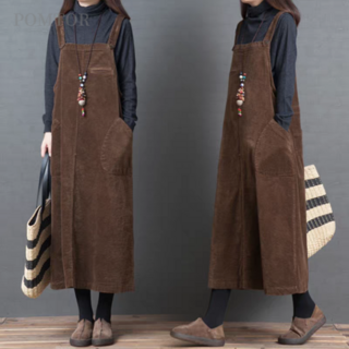 POMTOR 여성 겨울 방한 빅사이즈 루즈핏 원피스 멜빵 코르덴 롱 원피스