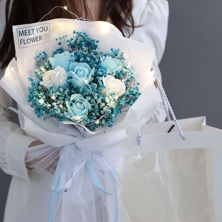 永生花 情人節 畢業花束 滿天星玫瑰花乾燥花束, 藍色星玫瑰【送禮袋+LED串燈】