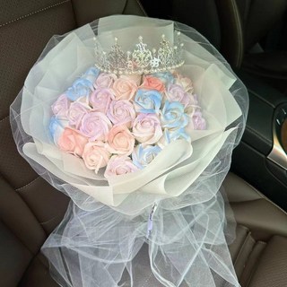 永生玫瑰香皂花束 附皇冠 適合畢業季、生日禮物、教師禮物, 【人氣推薦】人魚姬33朵送皇冠賀卡燈