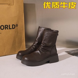 優選大碼女款短靴 美拉德馬丁靴 英倫褶皺粗跟加絨彈力堆堆靴