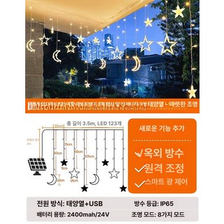 앵두전구 알전구 야외태양광조명 줄조명 트리전구 웜라이트 크리스마스 전구 카페등, 1개, 별과 달 컬러라이트 3.5m 대형 패널