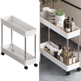 스토리원 U-SSAC102-L2 이동식 틈새 수납 선반 다용도 수납장 트롤리, 화이트, 2단