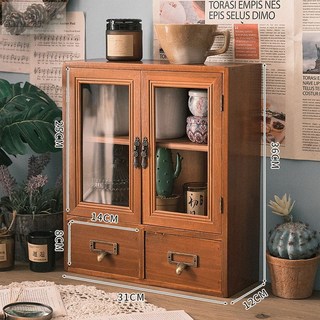 桌上收納櫃 梳妝檯置物架 辦公桌收納櫃 復古木質桌面收納整理盒, 雙開門兩格-透明亞克力, 1個