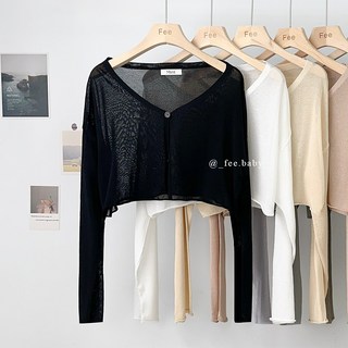 Fee現貨8色超Q捲邊針織上衣 短版透膚長袖罩衫 排釦小外套 女上衣 女生夏裝 韓系夏天, 現貨-黑色F