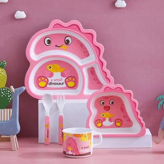 YIChu-竹纖維兒童輔食碗可愛粉色恐龍卡通防摔寶寶喫飯碗分格餐盤套裝 G3RK, 粉色小恐龍五件套, 1個