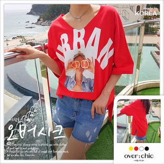 오버시크 여성용 국내제작 프린팅 오렌지걸 컷팅 유넥 오버핏 반팔 여름 간절기 브이넥 티셔츠 레터링 전사 포인트 부드러운 면 소재 휴양지 해외여행