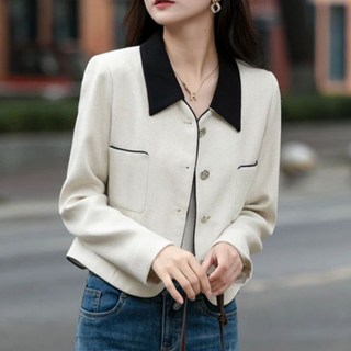 【小個子顯高】小香風外套 短款外套 法式外套 氣質上衣 洋氣上衣 米白色 翻領設計 春秋新款 通勤約會必備