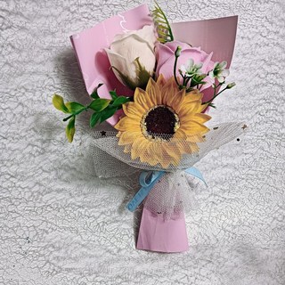 畢業禮物向日葵仿真玫瑰小花束 教師節生日送友感恩禮品, 三朵粉色紙向日葵,花束高度：23cm左右, 1個