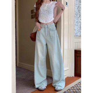 早秋藍色高腰闊腿牛仔褲大碼胖mm水洗垂感顯瘦寬鬆小眾直筒拖地褲