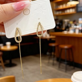 鴻利首飾廠 真金電鍍水滴流蘇耳環 輕奢微鑲鋯石高級感長款耳飾