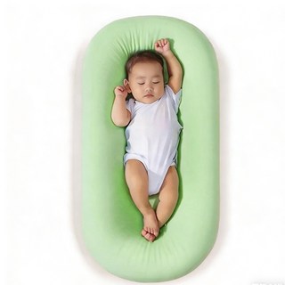 床中床 新生兒仿子宮床 嬰兒防吐奶斜坡墊 安撫枕 嬰兒睡窩 可拆洗可折疊便攜式外出旅行床, 牛奶絲春夏款抑菌抗蟎草綠色+防偏頭定型枕,0-10個月+（多加一個換洗套）