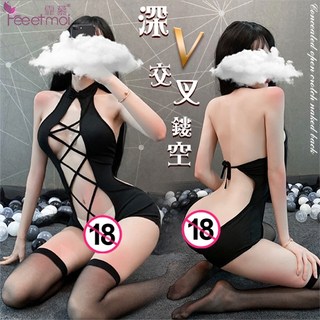 情趣連身衣 深V交叉鏤空暗釦開襠裸背兩件組 含絲襪