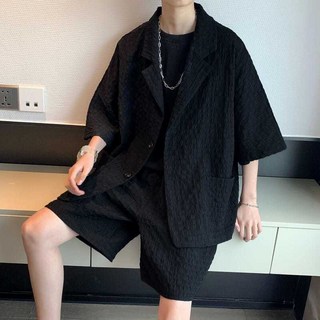 夏季寬鬆薄款格子五分袖西裝男套裝，潮流休閒短袖西服外套短褲套裝