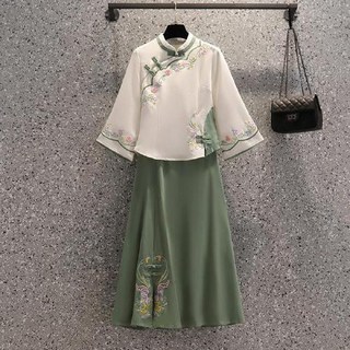 民國風女裝 大碼改良漢服 五四青年裝 復古中國風學生服, 白綠上衣+綠色半身裙【套裝】,4XL【建議145-155斤】
