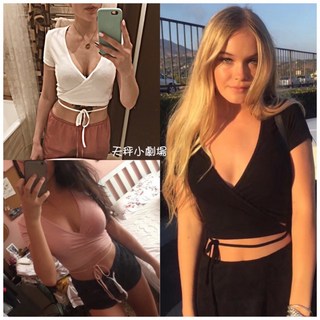 交叉綁帶短袖T恤 V領短版上衣