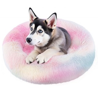Spring Blossoms 도넛 모양의 고양이와 강아지 침대 미끄럼 방지 폭신폭신하고 기계로 세탁이 가능합니다., 1개, 레인보우 컬러