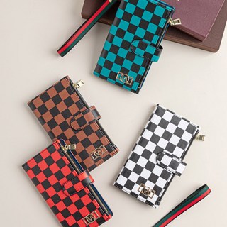 아모하 갤럭시 A42 5G A426 VAVA 슬림 체커 보드 패턴 지퍼 지갑 스트랩 다이어리 핸드폰 케이스