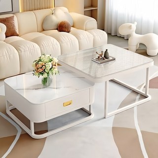 대리석 거실 테이블 레일 서랍형 소파 테이블, 투명+화이트