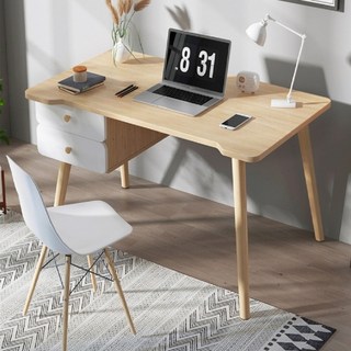 多功能電腦桌 平面書桌 辦公桌 學生桌 長桌, 雙抽屜米色, 雙抽屜米色