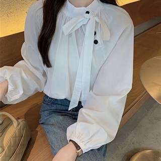 法式立領氣質斜扣寬鬆長袖襯衫2025新款繫帶蝴蝶結上衣