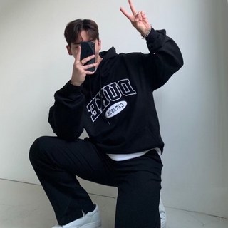 OPB 韓款 DUCK 帽TEE 拼布字母百搭韓系細絨布落肩長袖情侶款