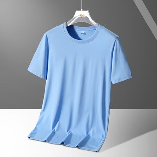 情侶款 純色 彈力 短袖 T恤, 男款-天藍（冰絲降溫 乾爽透氣）,6XL（建議體重男92-100公斤）