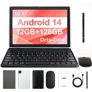 프리미엄 태블릿 가성비 탭북 고성능 테블릿PC 안드로이드 14 10인치 12GB (48 확장) RAM 128GB ROM 1TB 확장 가능 옥타코어 키보드 마우스 스타일러스 포함, ATMPC 안드로이드 14 태블릿 10인치 12GB 4
