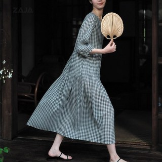 ZAJA 7부 리넨 체크 여성 루즈핏 원피스 휴양지원피스