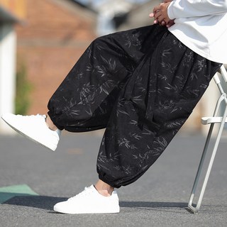 中國風 樹葉印花紋 燈芯絨 闊腿束腳褲 男褲