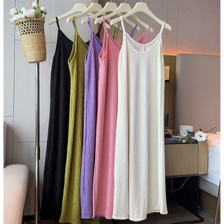 輕薄打底吊帶裙 內搭襯裙 涼感背心裙 洋裝 連身裙外穿 圓領吊帶裙 長裙連衣裙 純色寬鬆顯瘦黑色長裙 過膝裙子孕婦夏裝, 可愛粉 寬鬆加大*下襬包邊,XL 55.0-65.0公斤, 可愛粉
