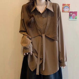 大尺碼女裝 假兩件馬甲襯衫 L-4XL 中長款襯衣 胖MM 顯瘦美拉德風上衣