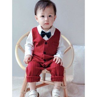 男童春季洋氣小西裝假兩件套哈衣嬰幼兒連體衣寶寶一週歲抓週禮服