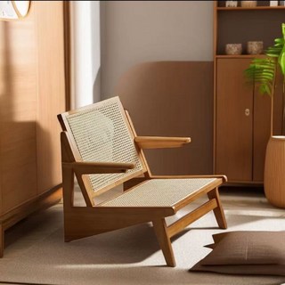 新款休閒椅子 躺椅沙發椅 實木藤椅 中古侘寂復古椅子 單人民宿設計藤編椅 加爾袋鼠椅, 櫻桃色泰國(FAS)級橡膠木 扶手, 1個