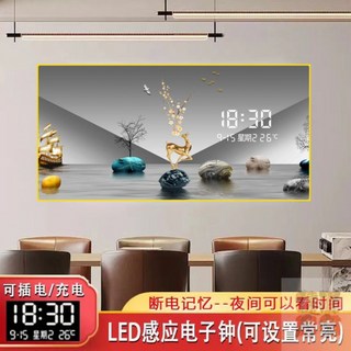 LED靜音掛鐘壁鐘，現代客廳裝飾插電數顯電子萬年曆時鐘, 金玉滿堂【電池款】,30*60PVC【電池框】