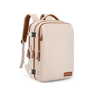 BAGODI 旅行背包 40L大容量 登機包 17吋筆電隔層 米白色, 米色