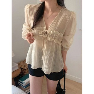 WEILI 韓系 V領寬鬆拼布荷葉邊前繫帶燈籠袖女襯衫，修身顯瘦，時尚百搭