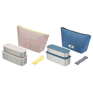 써모스 도시락통 슬림 2단 런치 박스 635ml, 1세트, 옐로우 핑크